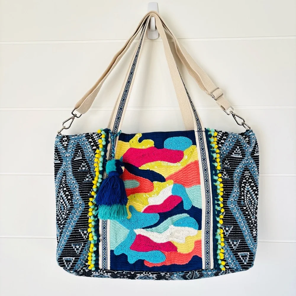 America & Beyond Daphne Embellished Multi Colored Hand Beaded Tote